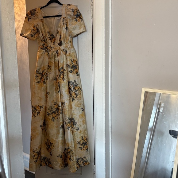 BHLDN by Anthropologie Aurora puff - sleeve taffeta maxi dress yellow floral 2 - Picture 4 of 8